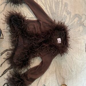 Elegant Brown Feathered Women's Blouse